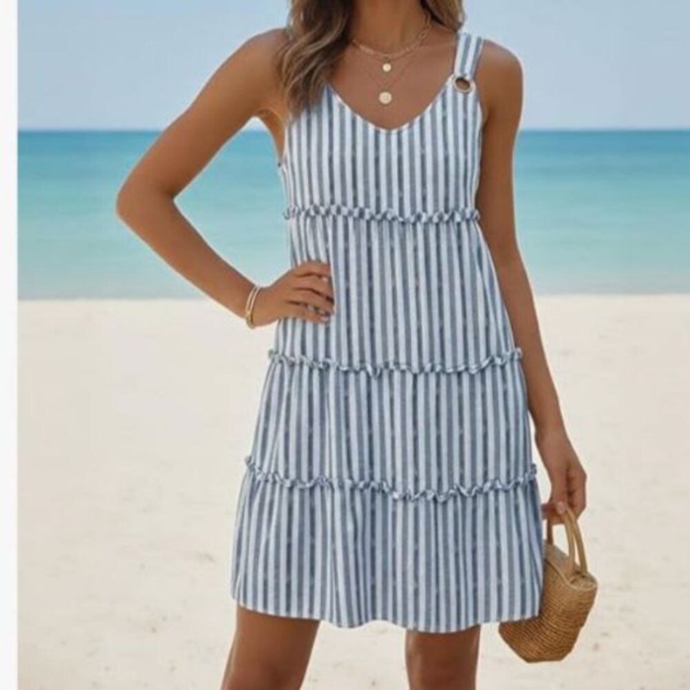ETCYY Women's Boho Striped Sundress Beach Cover Up Tank Dress Size Large NWT